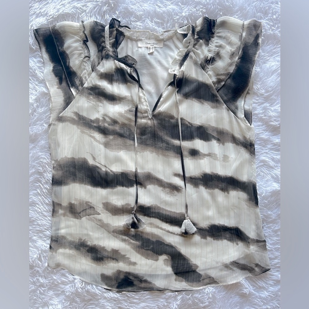 Women's Black and Cream Ruffle Blouse